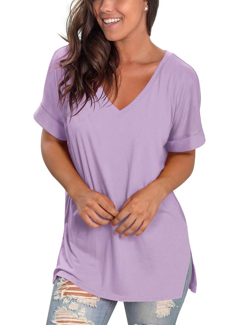 SAMPEEL Womens Short Sleeve Plain T Shirts Summer Cute Tops Plus Size Violet XXL - Image 4